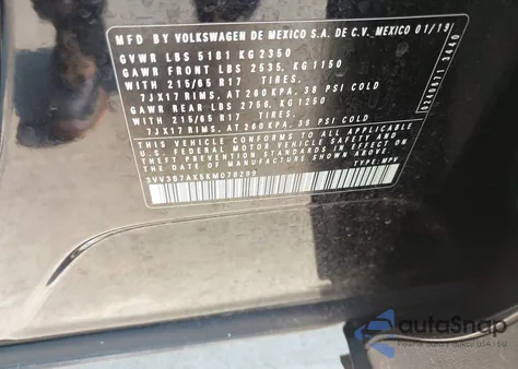 2019 Volkswagen Tiguan 2.0T Se/2.0T Sel/2.0T Sel R-Line/2.0T Sel R-Line Black из США, поврежденный, VIN 3VV3B7AX5KM078299